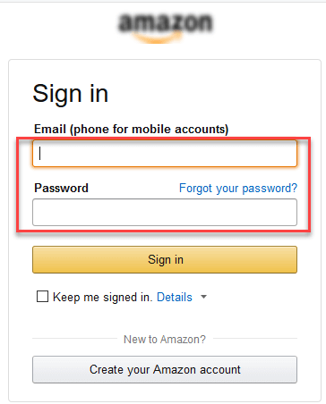 Форма входа на сайт Amazon. Поле для логина и поле для пароля выделены красной обводкой.