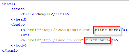 Пример HTML-кода, в котором есть две разные ссылки с текстом "Click here"