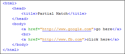 В HTML-коде есть две ссылки: "go here" ведет на Google, а "Click here" ведет на Facebook