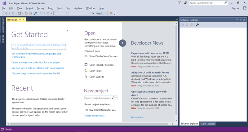 Стартовый рабочий экран Visual Studio
