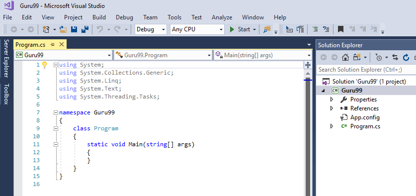 Окно, возникающее после успешного создания проекта в Visual Studio