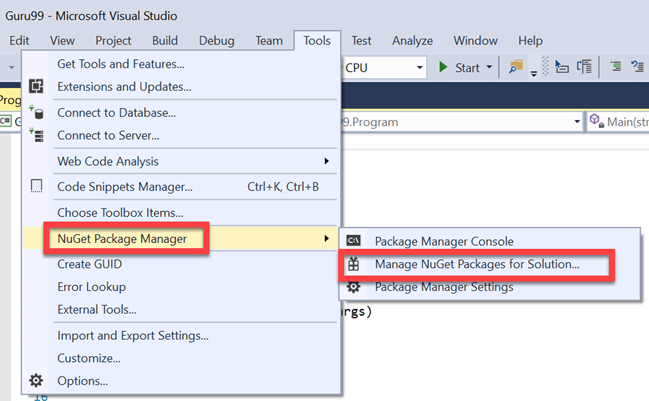 Открытие вкладки Manage NuGet Packages for Solution