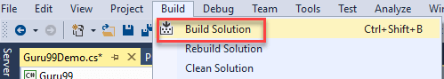 Создание тестового класса NUnit в Selenium, шаг 5 - после добавления кода нажать на кнопку "Build" -> "Build solution"