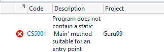 Ошибка "Не содержит статического метода 'main', подходящего для точки входа".