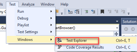 Создание тестового класса NUnit в Selenium, шаг 6 - после успешной сборки открыть окно Test Explorer. Щелкнуть на Test -> Windows -> Test Explorer.