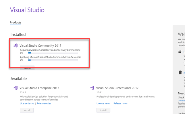 Процесс установки компонентов Visual Studio