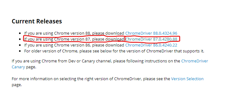 Выбор версии ChromeDriver