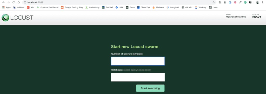 Пользовательский интерфейс Locust по адресу localhost:8089