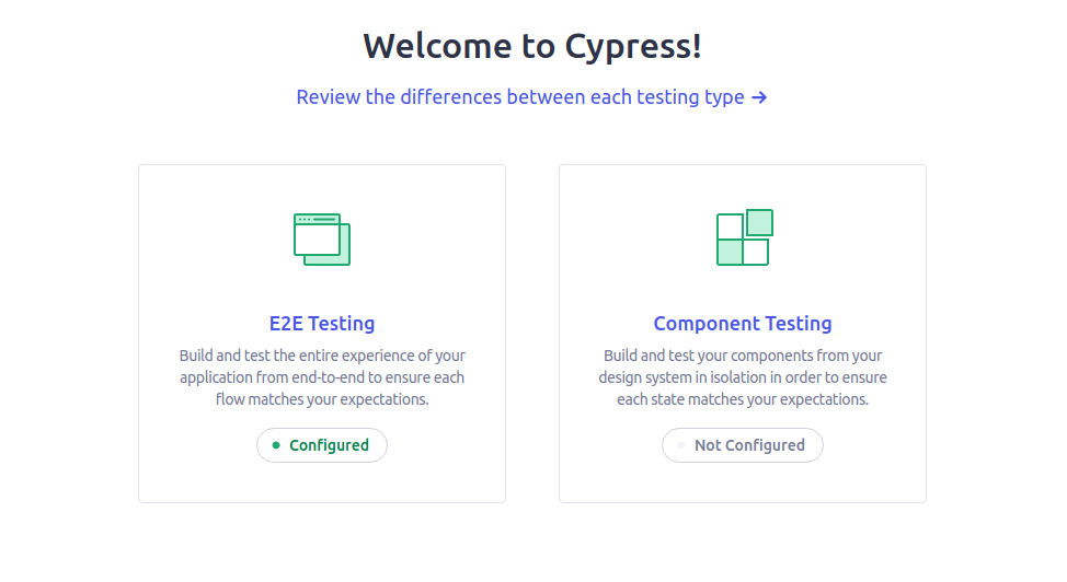 Окно выбора вида тестирования в Cypress