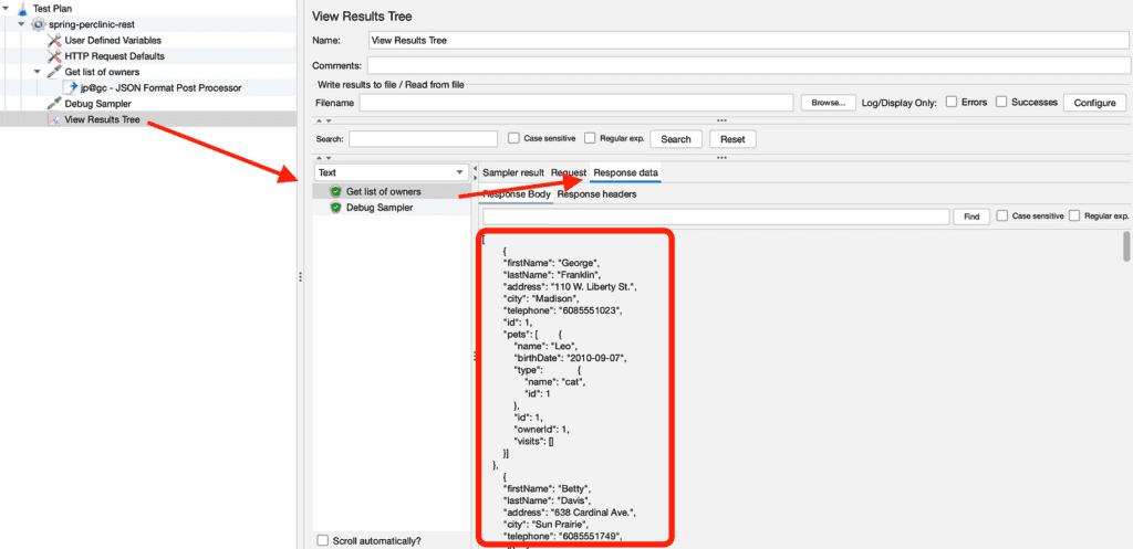 Отображение JSON-ответа после выполнения HTTP-запроса с использованием плагина jp@gc - JSON Format Post Processor при включенном элементе View Results Tree