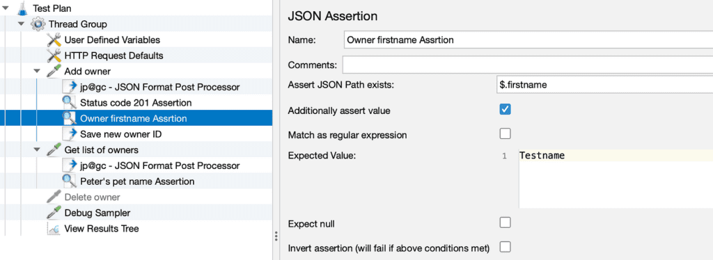 для проверки значений в JSON-файле ответа используется JSON Assertion .