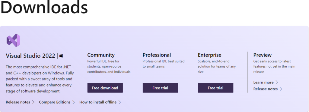Веб-страница загрузки Visual Studio. Есть три варианта: community, professional и enterprise.