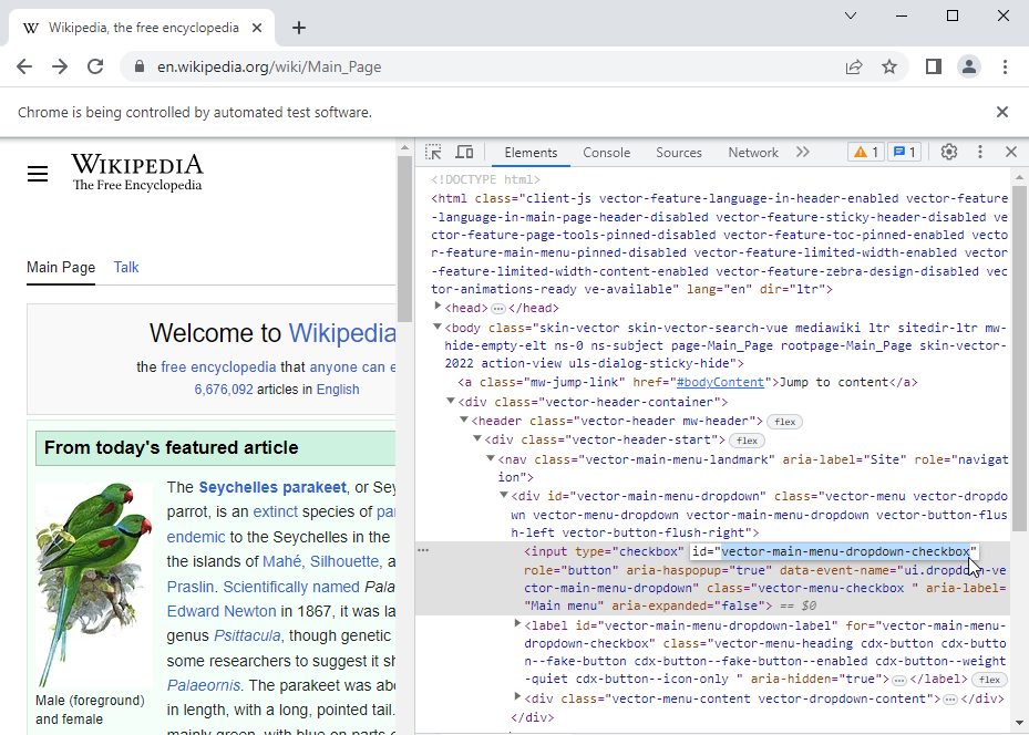 Идентификация элемента в инструментах разработчика на главной странице Википедии