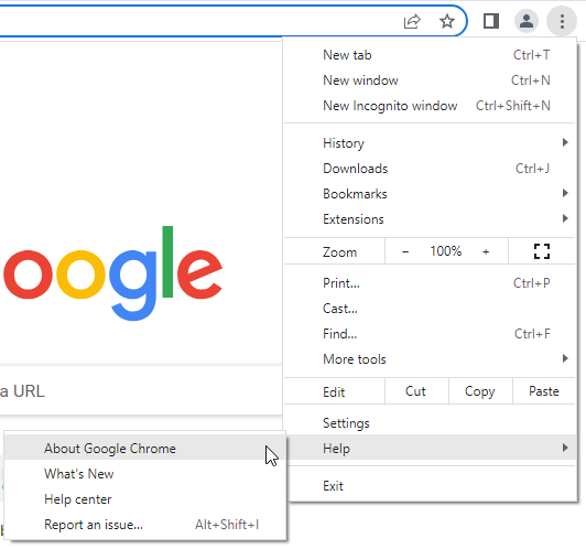 В меню Chrome (выпадающий список) выбран пункт "Help". В его подменю - "About Google Chrome"
