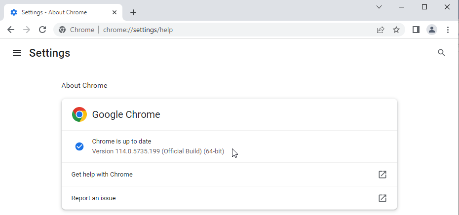 При переходе на вкладку About Chrome на экран выводится версия Google Chrome