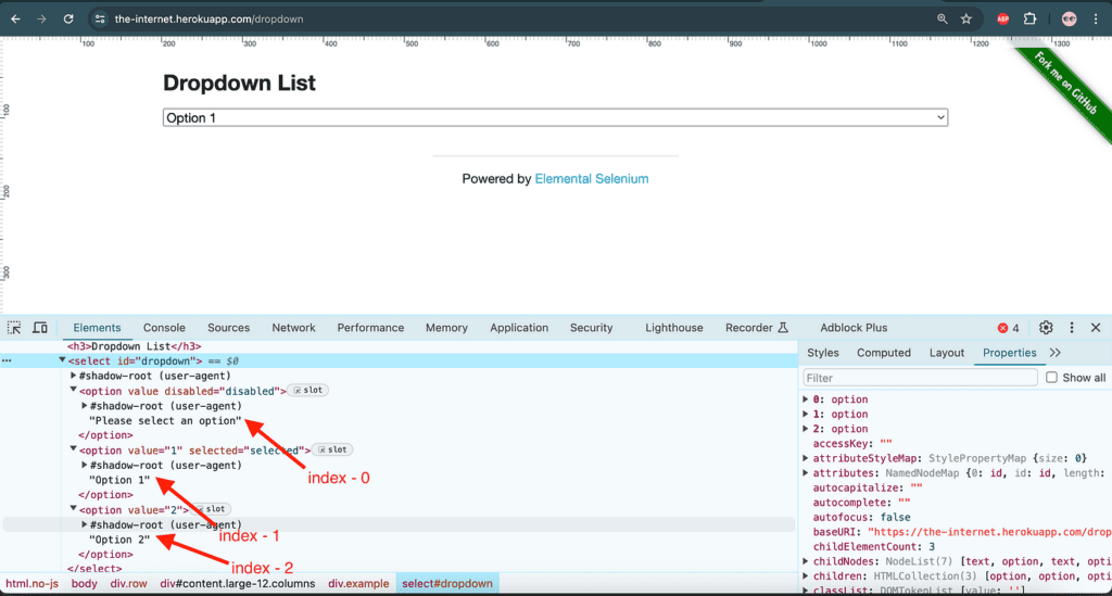 На странице с выпадающим списком открыты инструменты разработчика. На вкладке Elements красные стрелки указывают на три пункта выпадающего списка: "Please select an option", "Option 1", "Option 2". Они имеют индексы 0, 1 и 2 соответственно.
