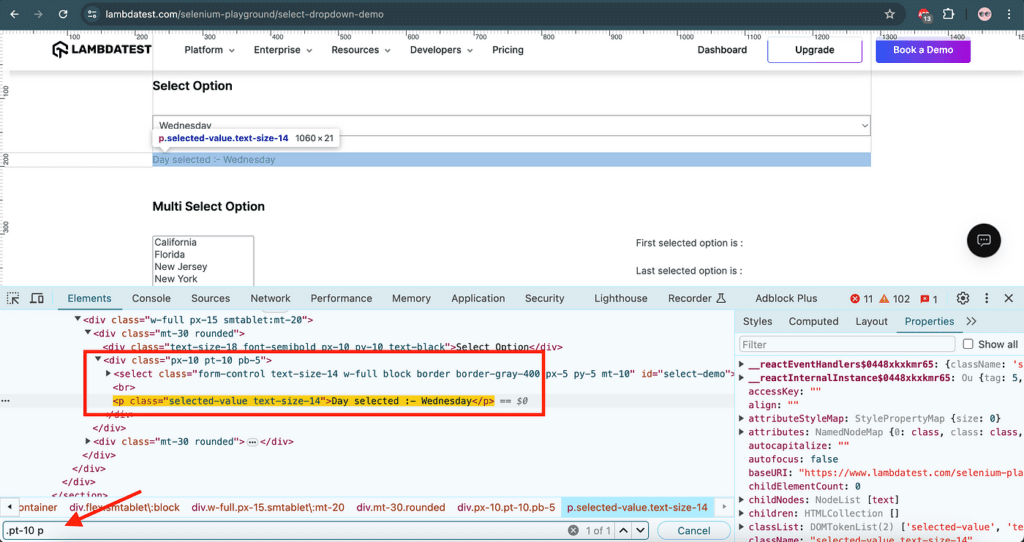 На странице с выпадающим списком и выбранным значением Wednesday открыты инструменты разработчика. Красным обведен блок div с селектором .pt-10 p. 